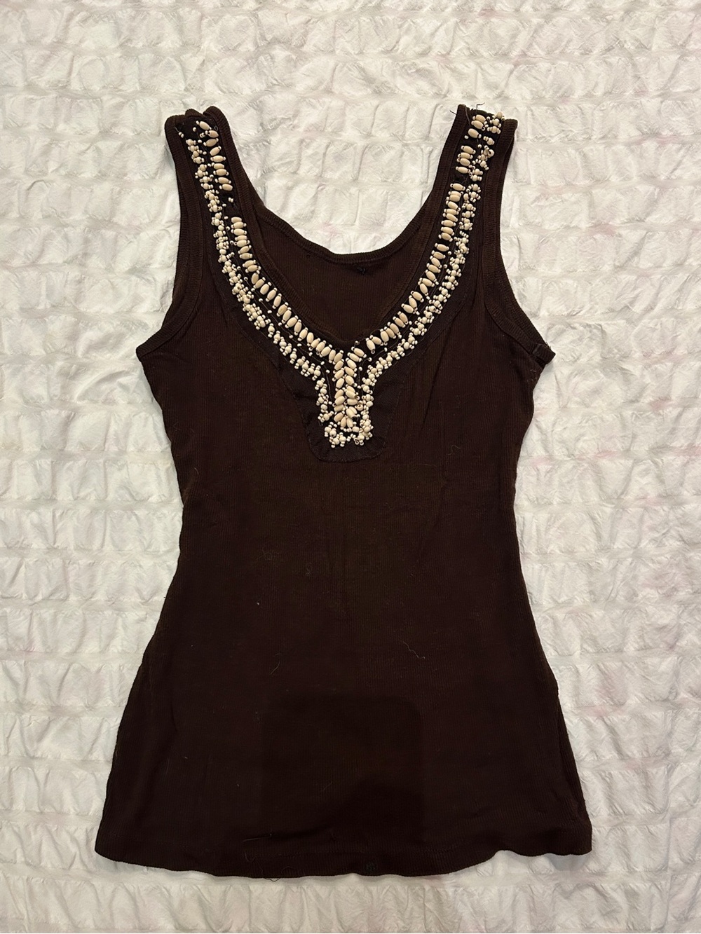 Brown Beaded Scoop Neck Women’s Tank Top